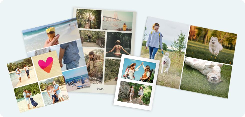 Photos de formats différents représentant la famille, l’amour, les animaux et les voyages. 