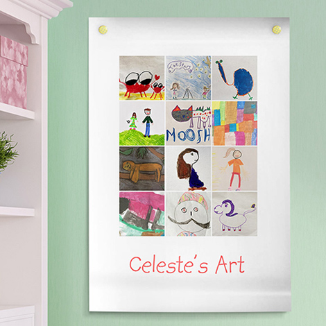 An image of wall art which is a collection of kids' art.