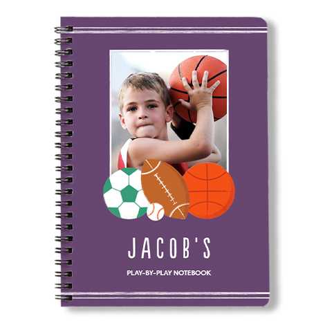 Spiral book with a sports player frame and a boy with basketball.