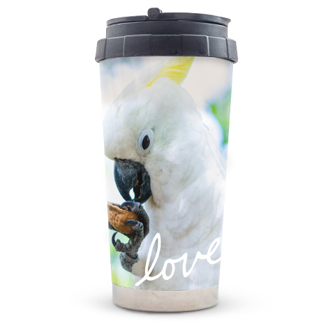 Travel mug with picture of pet bird 