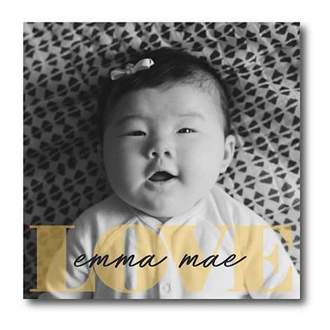 Snapfish Photo Tile featuring black and white image of a baby, their name written in black script font, love written in yellow