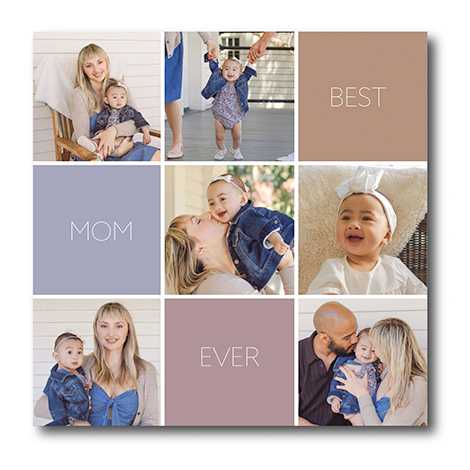 Snapfish Photo Tile with a photo collage of six photos featuring a mum, dad, and newborn baby with the phrase best mom ever