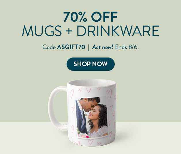 70% off Mugs + Drinkware