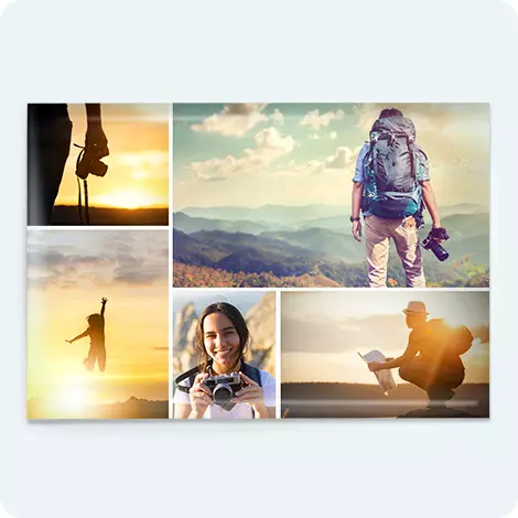 Collage photo poster showing five different scenes of two tourists exploring rocky landscape. 