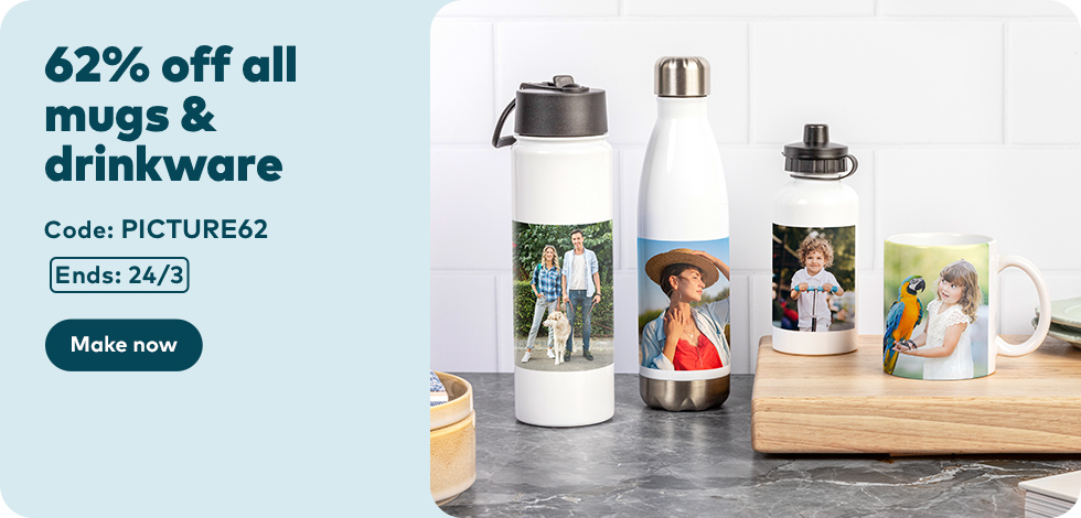 62% off all Mugs, Bottles & Drinkware