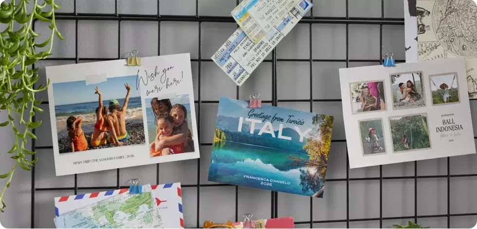 Postcards hanging on the wall